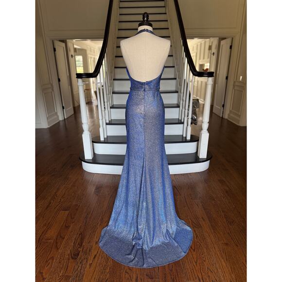 Special Occasion Prom Evening Wedding Formal Dress Halter Blue Shimmer Metallic - Picture 7 of 11